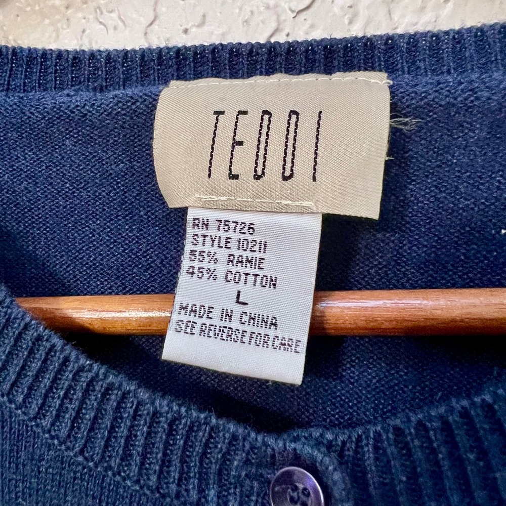 Teddi Womens Navy Blue Short Sleeve Cardigan Sweater Patriotic Hearts Stars L - Picture 3 of 5
